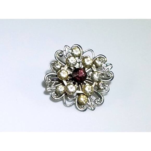 1950s Silver Tone Flower Brooch Purple Center Clear Rhinestone Vintage Pin - Picture 7 of 9